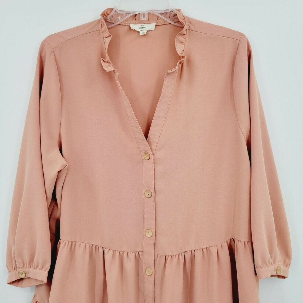 Entro Button-up Tiered Tunic Pink Size L Quarter Sleeve Solid Ruffle Split Neck - Picture 2 of 11